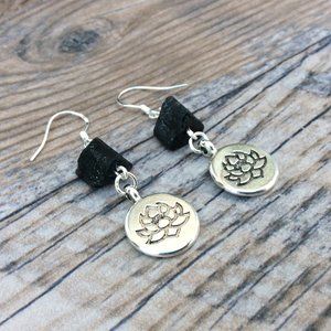 Raw Black Tourmaline earrings, Lotus earrings, crystal healing jewelry